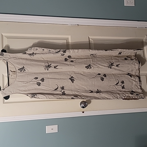 Sweet‎ Jessie 100% Linen Dress Beige Burlap With Grey Floral Women's L